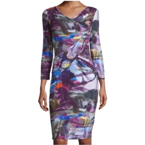 Escada Dresses & Skirts - Escada Multi Color Bodycon Drape Watercolor Print Dress Sz 36